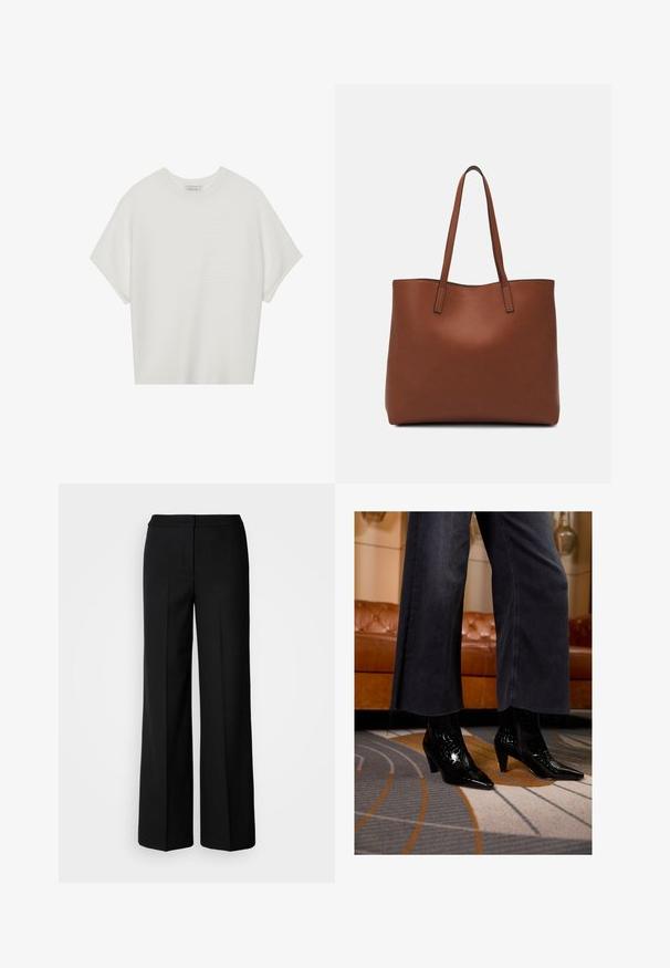 Balta trumpa rankovėmis marškinėliai su plačiu apykakle ir tekstūruotu gumbelių raštu, pagaminti iš minkštos medžiagos, pasižymintys laisvu siluetu ir tvarkingu dizainu.; Juodos plačios kojų kelnės su lygia medžiaga, pasižyminčios aukštu liemeniu, pritaikytais siūlėmis ir minimalistiniu dizainu. Nėra matomų metalo detalių ar kišenių.; Juodos smailiantys kulniukai iki kulkšnies su tekstūruota apdaila, dėvimi po nusmukusiomis juodomis plačiomis kelnėmis, ant raštuoto kilimo.; Ruda odinė priekabų krepšys su glotnia tekstūra, atviru viršumi ir dviem petnešomis. Su minimalia siuvimo detalėmis ir nematoma aparatūra.; Trys plaukų segtukai: vienas juodos ir baltos marmuro raštu, du gyslotieji rudo ir juodo atspalvių, visi pagaminti iš blizgaus plastiko su tekstūruotu paviršiumi.