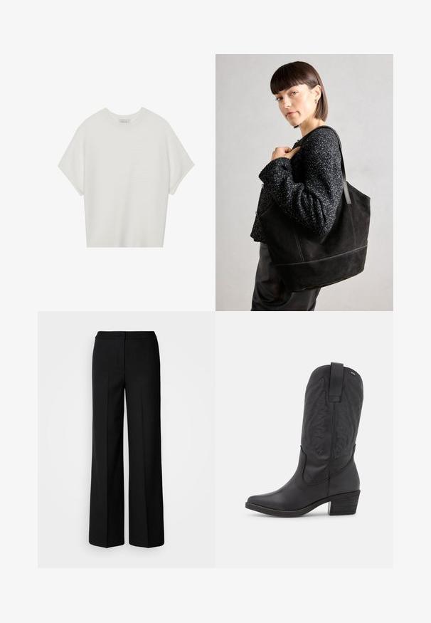White short-sleeve t-shirt with a wide crew neck and textured ribbed pattern, made of soft fabric, featuring a relaxed fit and a clean design.; Black wide-leg trousers with a smooth fabric, featuring a high waist, tailored seams, and a minimalist design. No visible hardware or pockets.; mtng TEO - Cowboy/Biker boots - black; Black suede tote bag with a smooth texture, structured shape, and contrasting stitching. Features long straps for shoulder carry.