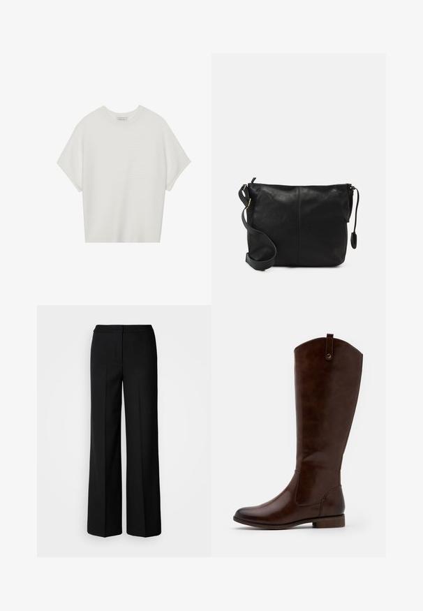 Biela tričko s krátkym rukávom a širokým okrúhlym výstrihom, s textúrovaným rebrovaným vzorom, vyrobené z mäkkej látky, s uvoľneným strihom a čistým dizajnom.; Čierne široké nohavice z hladkej tkaniny, s vysokým pasom, zúženými švami a minimalistickým dizajnom. Žiadne viditeľné kovové prvky alebo vrecká.; Hnedé čižmy po kolená vyrobené z hladkej kože, s okrúhlou špičkou, nízkym zúženým podpätkom a jemným prešívaním pozdĺž strán.; Čierna kožená crossbody taška s plochým tvarom, zlatými kovovými akcentmi a nastaviteľným popruhom. Hladký povrch s minimálnymi švíkmi.