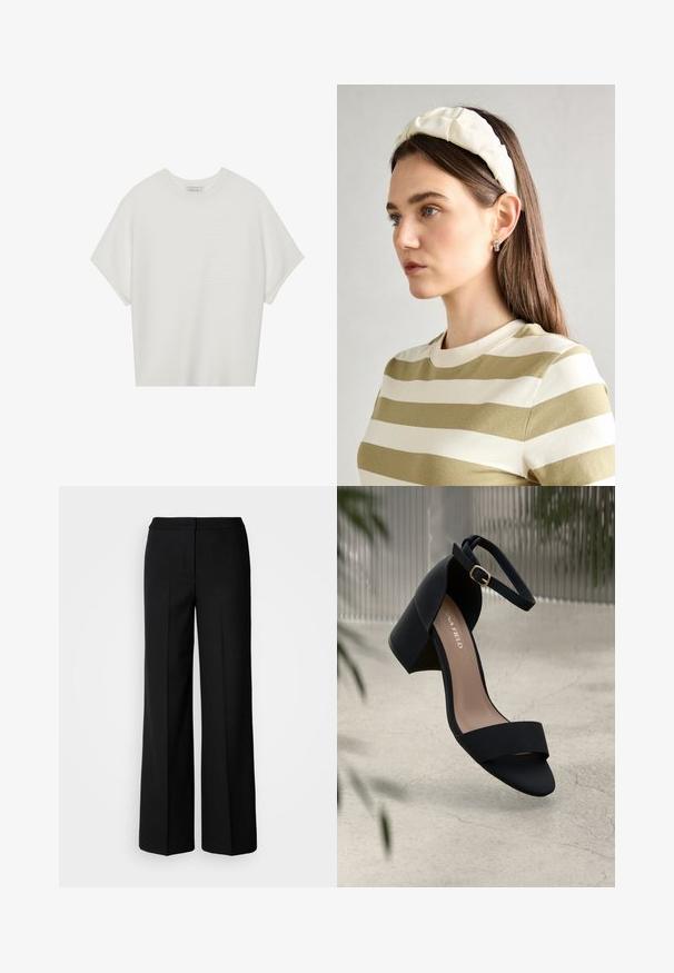Vit kortärmad t-shirt med bred rund halsringning och texturerad ribbad mönster, tillverkad av mjukt material, med avslappnad passform och en ren design.; Svarta vida byxor med ett mjukt tyg, med hög midja, skräddarsydda sömmar och en minimalistisk design. Inga synliga detaljer eller fickor.; Svart klacksandals med bred rem och vadderad rem runt ankeln, med en matt textur och klack i blockstil. Varumärkeslogotyp synlig på innersulan.; Krämfärgad vadderad huvudband med vriden design, i kombination med en beige och vit randig skjorta med rund halsringning. Diskreta smyckeakcenter.