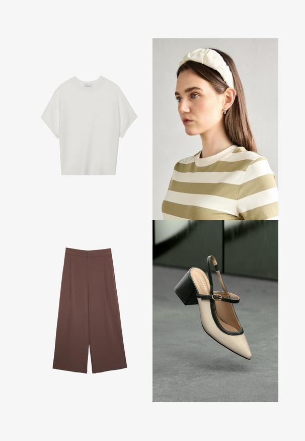Biała koszulka z krótkim rękawem o szerokim dekolcie, wykonana z miękkiego materiału, z fakturowanym prążkowanym wzorem, charakteryzująca się luźnym krojem i minimalistycznym designem.; Brązowe spodnie o szerokich nogawkach z gładką fakturą, z wysokim stanem i plisami z przodu. Materiał jest lekki i luźno opada.; Beżowe buty typu slingback z ostrym noskiem, czarnym wykończeniem, złotą klamrą i grubym obcasem na szarym podłożu z ciemnozielonym tłem.; Kremowa poduszka na głowę zziębniętym wzorem, zestawiona z beżową i białą koszulą w paski, z okrągłym dekoltem. Subtelne akcenty biżuteryjne.
