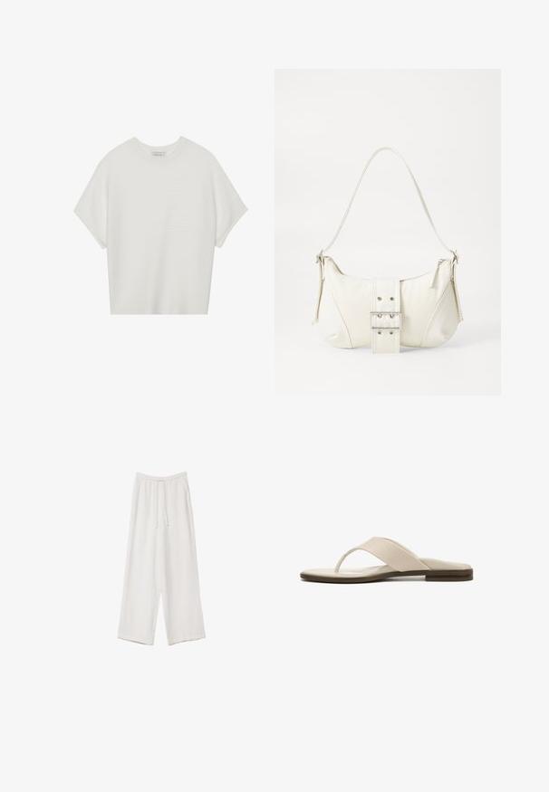 White short-sleeve t-shirt with a wide crew neck and textured ribbed pattern, made of soft fabric, featuring a relaxed fit and a clean design.; White wide-leg trousers made from a lightweight fabric. Features an elastic waistband with a drawstring and side pockets. Smooth texture.; Light beige flip-flop sandal with a textured strap, flat sole, and minimalistic design. Slightly raised brown accent around the sole.; White shoulder bag with a textured finish, a central buckle accent, and a curved shape. Zipper closures on both sides.