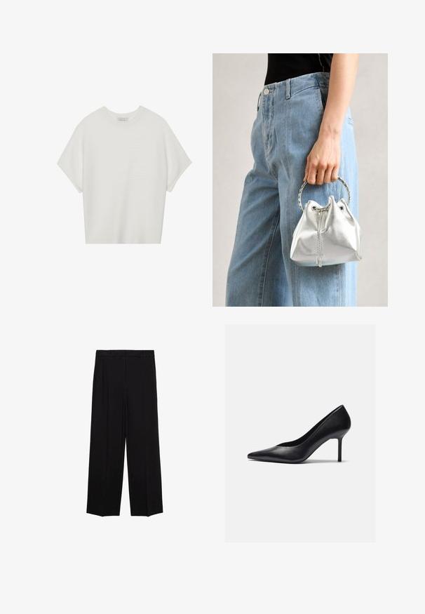 Biela tričko s krátkym rukávom a širokým okrúhlym výstrihom, s textúrovaným rebrovaným vzorom, vyrobené z mäkkej látky, s uvoľneným strihom a čistým dizajnom.; Čierne široké nohavice s hladkým materiálom, s plisovaním vpredu a bočnými vreckami, navrhnuté v rovnom a uvoľnenom strihu.; Čierne kožené lodičky na vysokom podpätku s špicatou špičkou a štíhlym stiletto podpätkom, s hladkým povrchom a minimalistickým dizajnom.; Metalická strieborná kabelka s textúrovaným povrchom, zdobená striebornou okrúhlou rukoväťou a uzáverom na šnúrku, držiaca sa pred svetlo modrými džínsami.; Metalická strieborná kabelka s textúrovaným povrchom, zdobená striebornou okrúhlou rukoväťou a uzáverom na šnúrku, držiaca sa pred svetlo modrými džínsami.; Tričko na vlasy: jedno čierno-biele mramorované, dve korytnačie v hnedej a čiernej farbe, všetky vyrobené z lesklého plastu s textúrovaným povrchom.