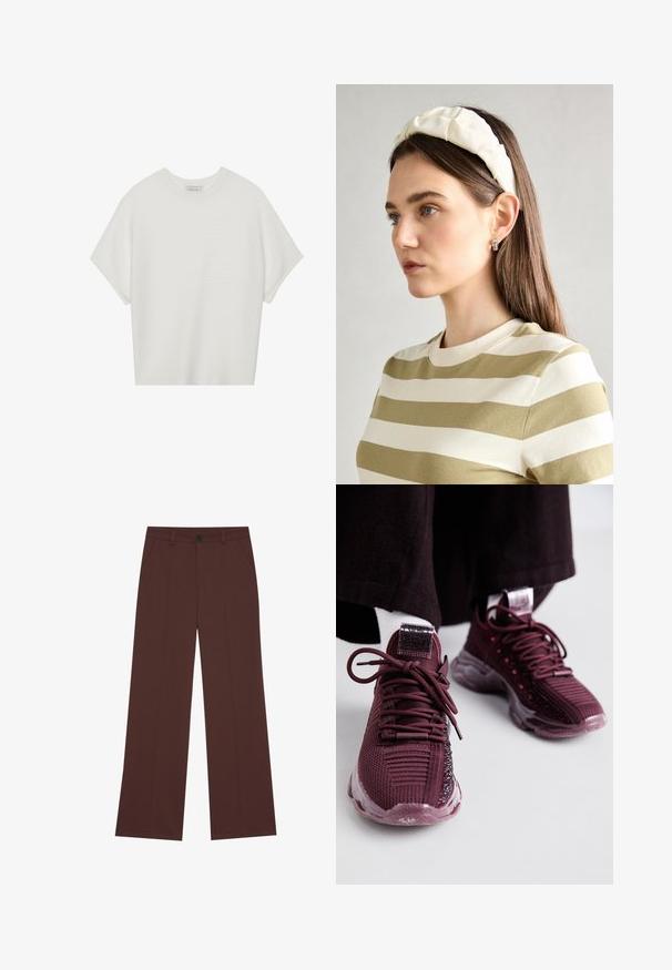 Camiseta blanca de manga corta con cuello redondo amplio y patrón acanalado texturizado, hecha de una tela suave, con un corte relajado y un diseño limpio.; Pantalones de pernera ancha en una rica tela marrón. Presentan un cierre de botón, dos bolsillos frontales, una textura suave y líneas limpias.; Zapatillas deportivas en burdeos con parte superior de malla, detalles texturizados, cordones redondos y suela de goma transparente; presentan un logo en la lengüeta y el talón.; Diadema acolchada crema con diseño trenzado, acompañada de una camiseta de rayas beige y blanca con cuello redondo. Sutiles acentos de joyería.