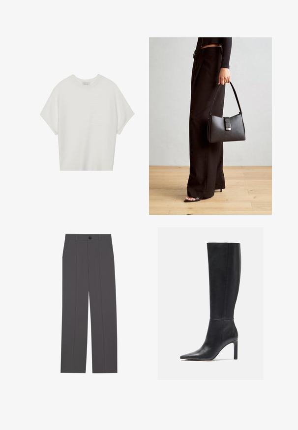 Tricou alb cu mânecă scurtă, cu guler larg și model texturat cu dungi, realizat dintr-un material moale, având o croială lejeră și un design curat.; Pantaloni gri cu un design drept, având două buzunare laterale și închidere cu nasture. Material neted, fără modele sau accente vizibile.; Cizme negre din piele cu toc stiletto, până la genunchi, cu vârf ascuțit și textură netedă, având un design elegant și detalii minime de cusătură.; Genți negre cu o formă structurată, textură netedă și un închizător metalic. Asortată cu pantaloni negri largi și sandale cu vârf deschis pe un podea din lemn.