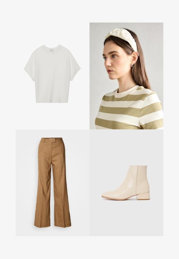 Fehér, rövid ujjú póló széles kerek nyakkivágással és textúrázott, bordás mintával, puha anyagból készült, laza fazonú és letisztult dizájnú.; Barna, széles szárú nadrág könnyű anyagból. Jellemzője a sima elülső rész, övhurkok és az alakra szabott sziluett, boka hosszúságú kivitelben.; Bézs színű bokacsizma sima bőrből, hegyes orral, rövid szárral és alacsony négyzetes sarokkal. Minimalista dizájn, látható díszítés nélkül.; Krém színű párnázott fejpánt csavaros kivitelezéssel, bézs és fehér csíkos pólóval párosítva, kerek nyakkivágással. Diszkrét ékszer kiegészítők.