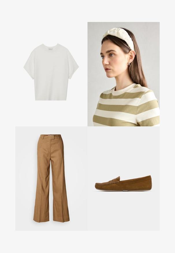 Weißes T-Shirt mit kurzen Ärmeln, weitem Rundhalsausschnitt und strukturiertem Rippenmuster, aus weichem Stoff, mit legerer Passform und einem klaren Design.; Braune weite Hosen aus leichtem Stoff. Verfügt über einen flachen Bund, Gürtelschlaufen und eine taillierte Silhouette mit einem knöchellangen Schnitt.; Braune Wildleder-Loafer mit einer genähten Naht, flacher Sohle und abgerundeter Zehenform. Schlichtes Design mit einem kleinen dekorativen Band über der Vorderseite.; Cremfarbener gepolsterter Haarreif mit gedrehtem Design, kombiniert mit einem beigen und weißen gestreiften Shirt mit rundem Halsausschnitt. Dezente Schmuckakzente.