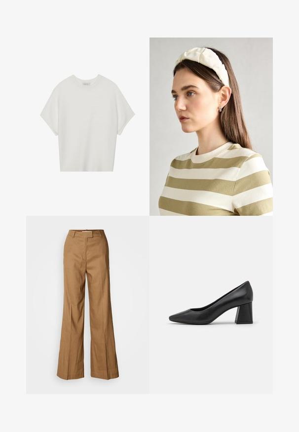Camiseta blanca de manga corta con cuello redondo amplio y patrón acanalado texturizado, hecha de una tela suave, con un corte relajado y un diseño limpio.; Pantalones de pierna ancha marrones, confeccionados en una tela ligera. Cuentan con un frente plano, pasadores para cinturón y una silueta ajustada con un corte a la altura del tobillo.; Zapatos de tacón alto negros con punta afilada, material de cuero suave y un tacón de bloque ancho para mayor estabilidad. Diseño minimalista sin adornos.; Diadema acolchada crema con diseño trenzado, acompañada de una camiseta de rayas beige y blanca con cuello redondo. Sutiles acentos de joyería.