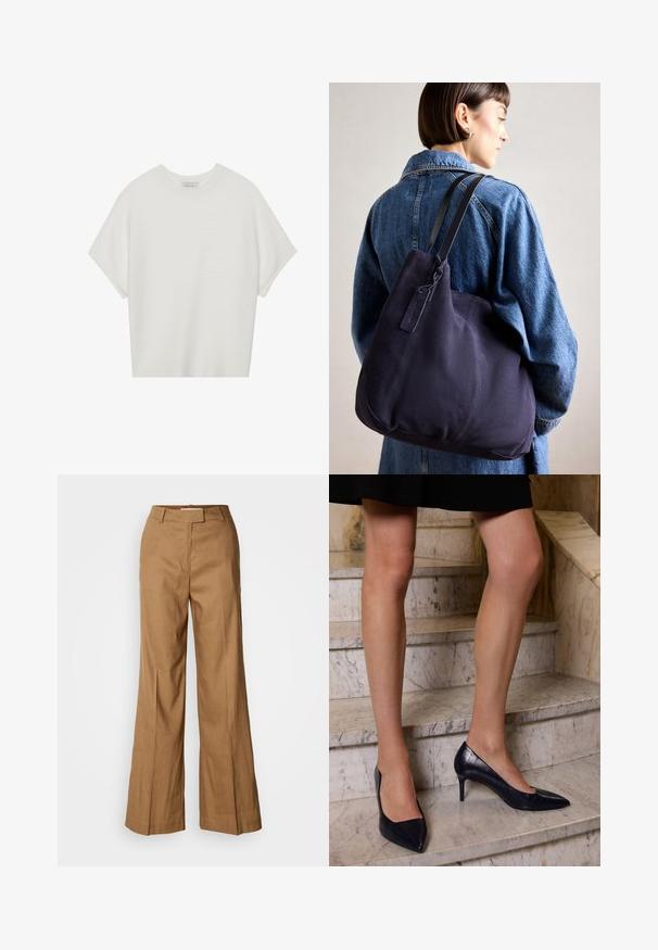 White short-sleeve t-shirt with a wide crew neck and textured ribbed pattern, made of soft fabric, featuring a relaxed fit and a clean design.; Brown wide-leg pants made of lightweight fabric. Features a flat front, belt loops, and a tailored silhouette with an ankle-length cut.; Navy blue high-heeled shoes with a pointed toe, featuring a smooth and textured finish resembling crocodile skin.; Navy canvas shoulder bag with a soft, structured shape, featuring a black strap, stitched detailing, and a small brand tag.