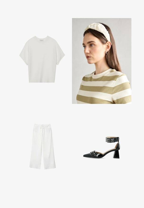 Vit kortärmad t-shirt med bred rund halsringning och texturerad ribbad mönster, tillverkad av mjukt material, med avslappnad passform och en ren design.; Vita vida byxor i mjukt tyg med dragsko i midjan och två framfickor. Slät textur och inga synliga mönster.; Svart lackläder högklackad sko med spetsig tå, ankelrem och metallisk spänne; har en kraftig, genomskinlig klack.; Krämfärgad vadderad huvudband med vriden design, i kombination med en beige och vit randig skjorta med rund halsringning. Diskreta smyckeakcenter.