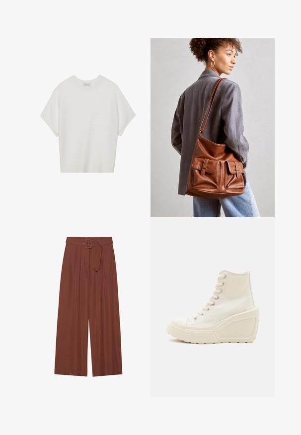 White short-sleeve t-shirt with a wide crew neck and textured ribbed pattern, made of soft fabric, featuring a relaxed fit and a clean design.; Wide-leg trousers in brown fabric, featuring a belt with a square buckle, pleated design, and smooth texture.; White canvas high-top sneakers with wedge sole, featuring metal eyelets, round toe, and a textured rubber outsole.; Brown leather bucket bag featuring two front pockets with buckle accents. The bag has a smooth texture and an adjustable strap.