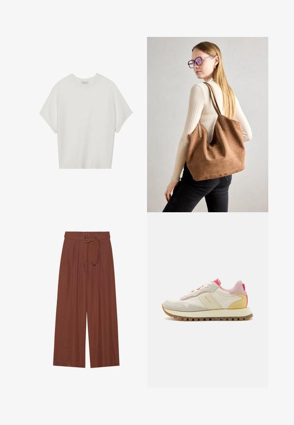 White short-sleeve t-shirt with a wide crew neck and textured ribbed pattern, made of soft fabric, featuring a relaxed fit and a clean design.; Wide-leg trousers in brown fabric, featuring a belt with a square buckle, pleated design, and smooth texture.; Sneakers with a cream leather upper, pink suede accents, and a yellow heel, featuring a rubber tread sole and white laces.; Brown suede tote bag with soft texture, large opening, and long straps. Features a simple design with visible stitching and no hardware.