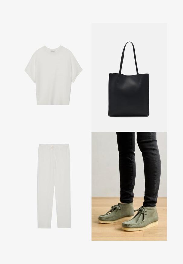 T-shirt bianca a maniche corte con scollo rotondo ampio e texture a coste, realizzata in tessuto morbido, caratterizzata da una vestibilità rilassata e un design pulito.; Pantaloni bianchi su misura con design a gamba dritta, dotati di chiusura a bottone, passanti per cintura e tasche laterali; tessuto morbido.; Stivaletti in suede verde con suola morbida, caratterizzati da un design con lacci e dettagli cuciti lungo i bordi. Indossati con jeans neri.; Borsa tote in pelle nera con texture liscia, forma rettangolare e due manici lunghi. Nessun hardware o decorazione visibile.