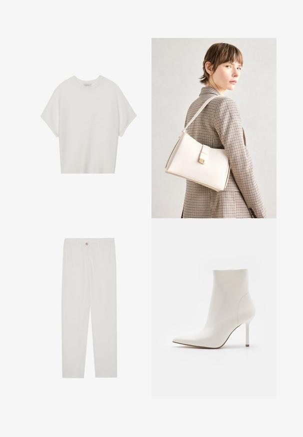 White short-sleeve t-shirt with a wide crew neck and textured ribbed pattern, made of soft fabric, featuring a relaxed fit and a clean design.; White, tailored trousers with a straight leg design, featuring a button closure, belt loops, and side pockets; smooth fabric texture.; Steve Madden IYANNA - High heeled ankle boots - coconut milk; White leather handbag with a structured design, featuring a magnetic clasp and a shoulder strap, showcased against a neutral background.