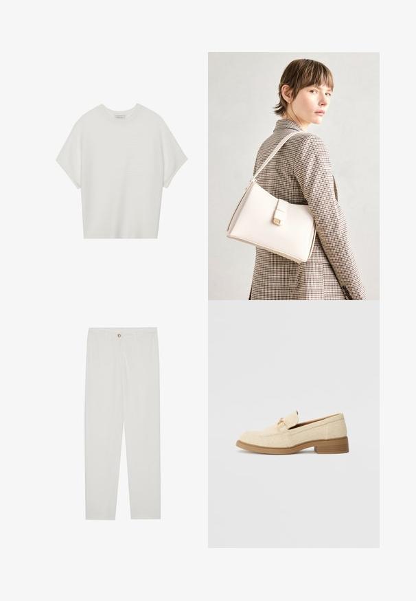 Balta īsā piedurknē T-krekls ar plašu apļa kaklu un teksturētu ribu rakstu, izgatavots no mīksta auduma, ar brīvu piegriezumu un tīru dizainu.; Baltas, pielāgots bikses ar taisnu kāju dizainu, ar pogu aizdari, jostu cilpām un sānu kabatām; gluda auduma tekstūra.; Bežīgi tekstila loaferi ar zemu bloku papēdi, ar izšūtu dizainu un dekoratīvu zelta tonī metāla akcentu augšpusē.; Balta ādas rokassoma ar strukturētu dizainu, kurai ir magnētiska aizdare un plecu josta, parādīta uz neitrāla fona.