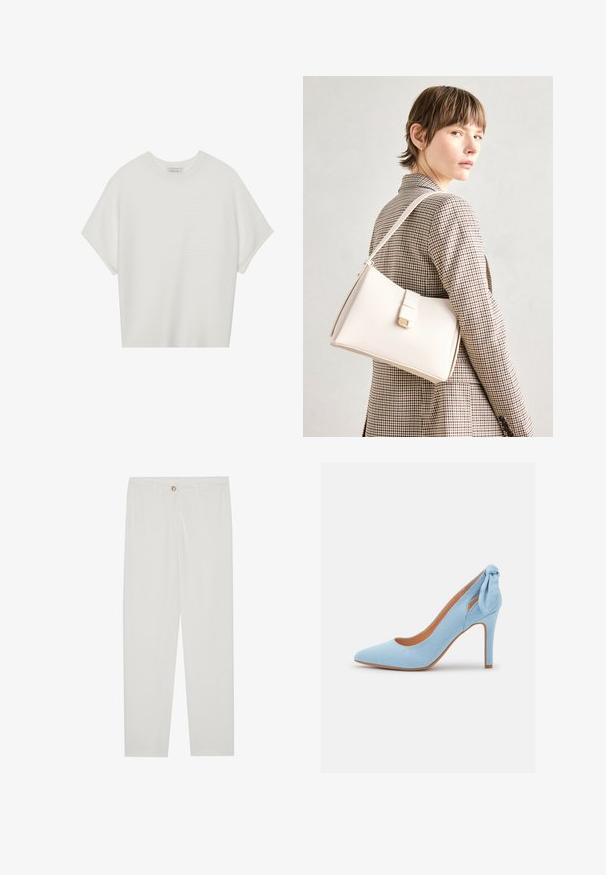Fehér, rövid ujjú póló széles kerek nyakkivágással és textúrázott, bordás mintával, puha anyagból készült, laza fazonú és letisztult dizájnú.; Fehér, testreszabott nadrág egyenes szárú szabással, gombos záródással, övcsatolókkal és oldalsó zsebekkel; sima textúrájú anyag.; Világoskék velúr magassarkú cipő hegyes orral és kis masnival a hátulján. Karcsú dizájnnal és bézs talpbetéttel rendelkezik.; Fehér bőr táska strukturált dizájnnal, mágneses záródással és vállpánttal, semleges háttér előtt bemutatva.