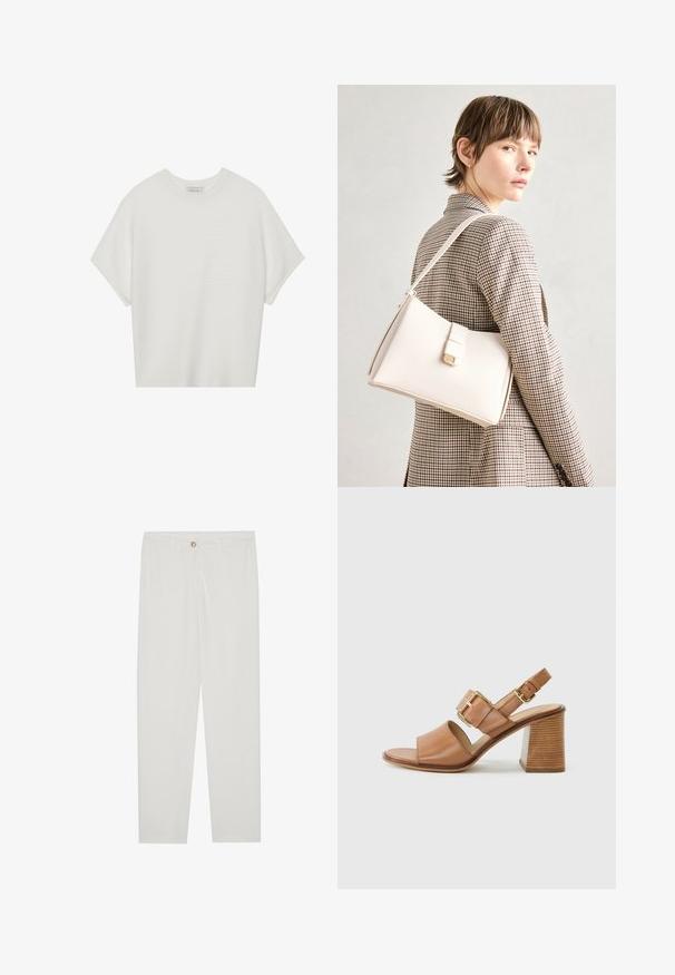 Camiseta blanca de manga corta con cuello redondo amplio y patrón acanalado texturizado, hecha de una tela suave, con un corte relajado y un diseño limpio.; Pantalones blancos, ajustados, con un diseño de pierna recta, que cuentan con un cierre de botón, lazos para cinturón y bolsillos laterales; textura de tela suave.; Sandalias de tacón de cuero marrón con una amplia tira frontal, correa ajustable en el tobillo con hebilla dorada y un tacón cuadrado texturizado.; Bolso de mano de cuero blanco con un diseño estructurado, que presenta un cierre magnético y una correa para el hombro, exhibido sobre un fondo neutro.