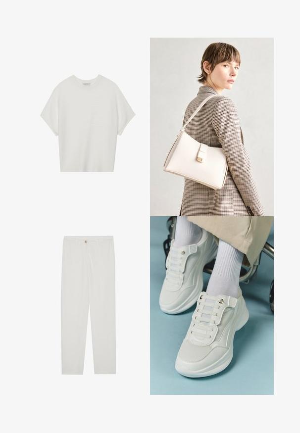 Balta īsā piedurknē T-krekls ar plašu apļa kaklu un teksturētu ribu rakstu, izgatavots no mīksta auduma, ar brīvu piegriezumu un tīru dizainu.; Baltas, pielāgots bikses ar taisnu kāju dizainu, ar pogu aizdari, jostu cilpām un sānu kabatām; gluda auduma tekstūra.; Baltie sporta apavi ar sietu materiālu, gumijas zoli, bez šņoru dizainu ar elastīgām beigām un zeltainiem akcentiem.; Balta ādas rokassoma ar strukturētu dizainu, kurai ir magnētiska aizdare un plecu josta, parādīta uz neitrāla fona.