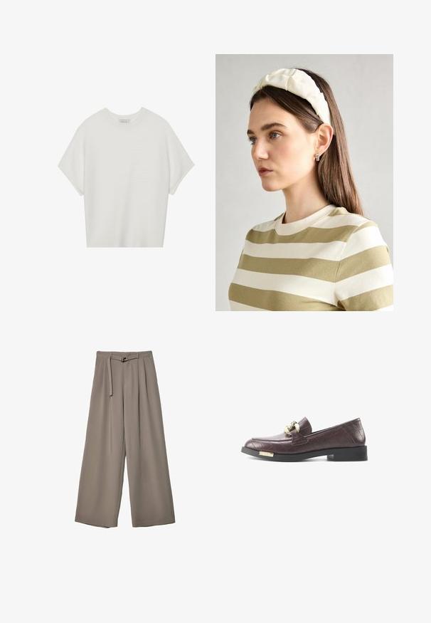 Hvid kortærmet t-shirt med en bred rund hals og struktureret ribbet mønster, lavet af blødt stof, med en afslappet pasform og et enkelt design.; Vide ben bukser i et blødt, afdæmpet grå stof, med en bælte i taljen og plisseringer for ekstra designdetalje. Glat tekstur, ingen mønstre.; Burgunderfarvede læder loafers med et struktureret krokodilleskinds mønster, med en guldfarvet hardwaredetalje og en lav, sort blokhæl.; Cremefarvet, polstret pandebånd med snoet design, parret med en beige og hvid stribet skjorte med rund hals. diskrete smykke accenter.