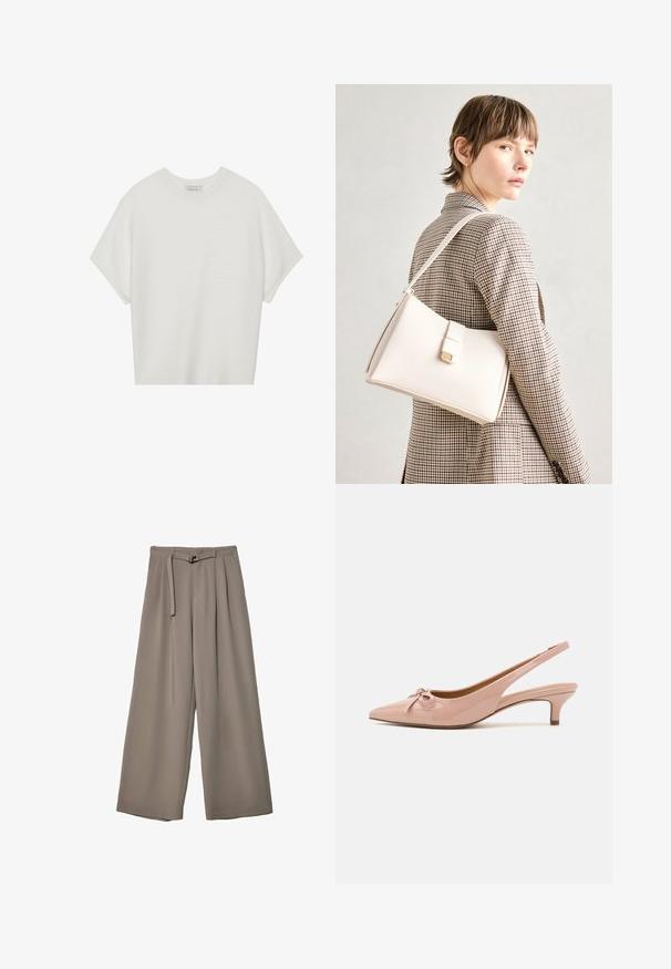 Valkoinen lyhythihainen t-paita, jossa on leveä pyöreä kaula-aukko ja teksturoitu ribbikuvio, valmistettu pehmeästä kankaasta, rento malli ja siisti muotoilu.; Suurille lahkeille housuille pehmeässä, hillityssä harmaassa kankaassa, jossa on vyötäröllä vyö ja lisää muotoilun yksityiskohtia kuploissa. Sileä rakenne, ei kuvioita.; Patentin vaaleanpunaiset slingback-korot, joissa on teräväkärkinen muotoilu, koristetaitos edessä ja matala kitten-korko. Suora pinta, jossa on kiiltävä viimeistely.; Valkoinen nahkainen käsilaukku, jossa on jämäkkä muotoilu, magneettinen suljin ja olkahihna, esillä neutraalilla taustalla.
