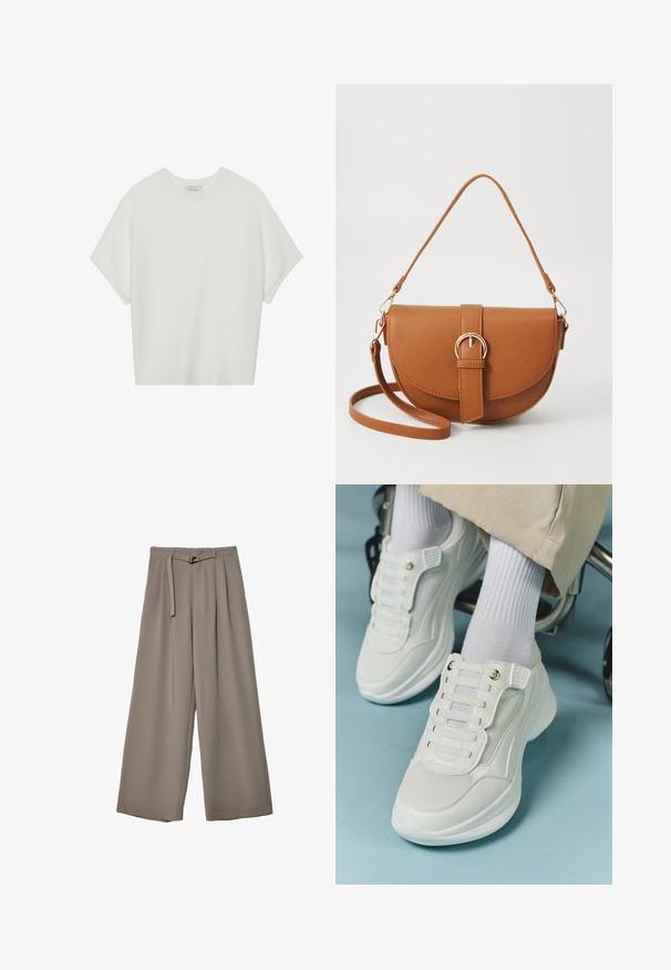 Hvid kortærmet t-shirt med en bred rund hals og struktureret ribbet mønster, lavet af blødt stof, med en afslappet pasform og et enkelt design.; Vide ben bukser i et blødt, afdæmpet grå stof, med en bælte i taljen og plisseringer for ekstra designdetalje. Glat tekstur, ingen mønstre.; Hvide sneakers med mesh-materiale, gummisål, snørebåndsfri design med elastiske bånd og guldtonede accenter.; Brun læder crossbody taske med en buet form, guldfarvet hardware og en spændeaccent. Har en aftagelig skulderrem.