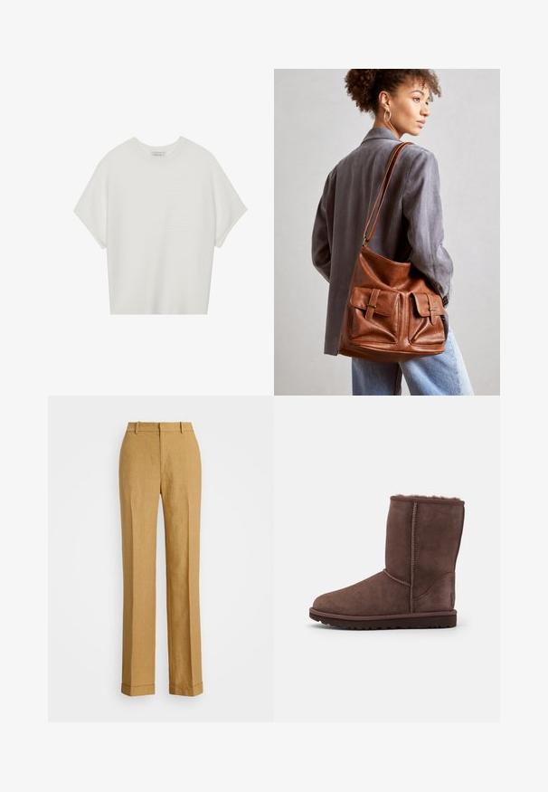 White short-sleeve t-shirt with a wide crew neck and textured ribbed pattern, made of soft fabric, featuring a relaxed fit and a clean design.; Polo Ralph Lauren YARD LINEN FULL FLAT FRONT - Trousers - sand dune; Brown suede ankle boot with a soft shearling lining, round toe, and rubber sole. Features seam stitching along the side and back.; Brown leather bucket bag featuring two front pockets with buckle accents. The bag has a smooth texture and an adjustable strap.