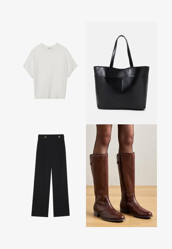 Balta trumpa rankovėmis marškinėliai su plačiu apykakle ir tekstūruotu gumbelių raštu, pagaminti iš minkštos medžiagos, pasižymintys laisvu siluetu ir tvarkingu dizainu.; Juodi plačios kojos kelnės su aukštu liemeniu, sagų detalėmis ant liemens ir priekinėmis raukšlėmis.; Anna Field LEATHER - Batai - brown; Juoda odinė rankinė su dviem ilgais diržais, lygiu paviršiumi ir struktūrizuota forma. Yra priekinė kišenė papildomam saugojimui.