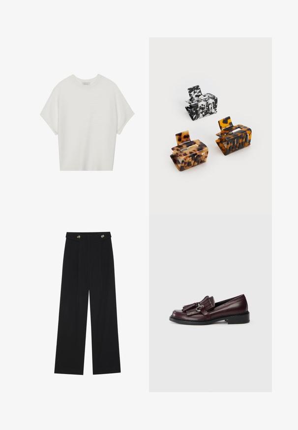 Bela majica s kratkimi rokavi in širokim ovratnikom ter teksturiranim rebrastim vzorcem, izdelana iz mehke tkanine, z udobnim krojem in čistim dizajnom.; Črne široke hlače s visokim pasom, gumbnimi detajli na pasu in sprednjimi gubami.; Burgundske usnjene loafer čevlje s frufru akcentom, okroglo konico in nizko, črno, trdno peto. Podrobno šivanje ob robu.; Tri do konice za lase: ena marmorirana v črni in beli barvi, dve iz školjkastega v rjavih in črnih odtenkih, vse narejeno iz sijoče plastike z teksturiranim zaključkom.