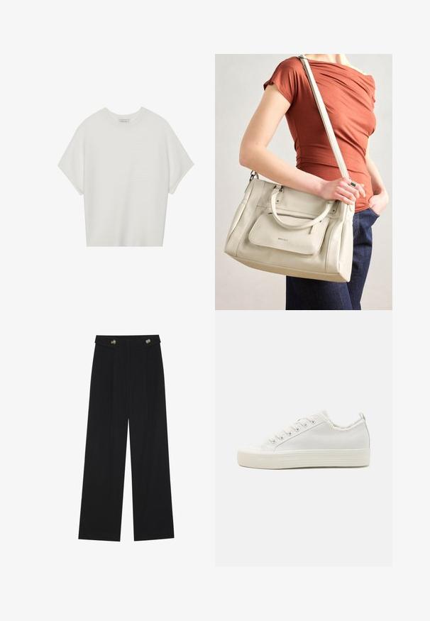 T-shirt blanc à manches courtes avec un large col rond et un motif côtelé texturé, fabriqué en tissu doux, présentant une coupe décontractée et un design épuré.; Pantalons larges noirs à taille haute, avec des détails de boutons à la taille et des plis sur le devant.; Baskets en toile blanches avec une tige texturée, bout rond, semelle plate et laçage à l'avant. Présentent un col légèrement effiloché et une languette.; Sac à main en cuir blanc avec des poignées doubles et une bandoulière amovible, doté d'une poche zippée à l'avant et d'une texture lisse. Porté au bras d'une personne.