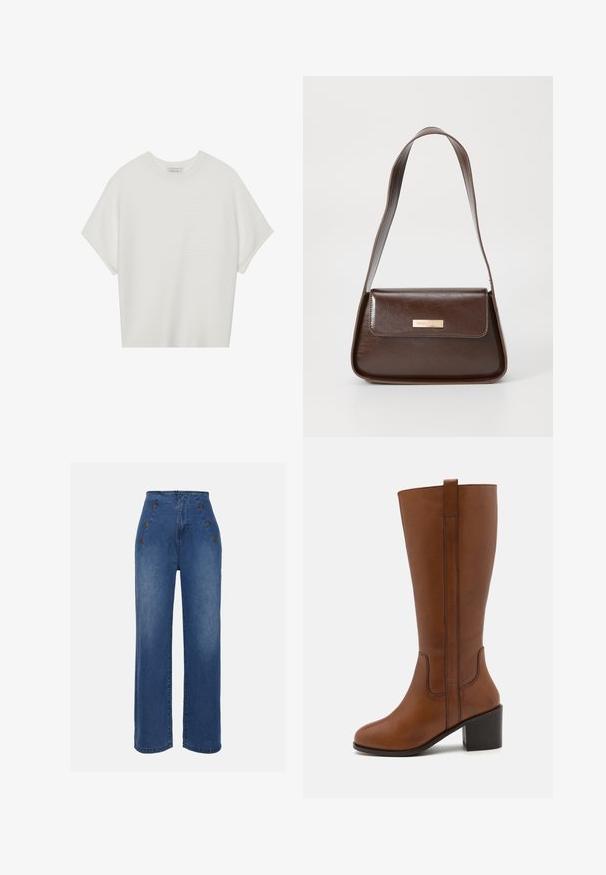 Bijela majica kratkih rukava s širokim okruglim izrezom i teksturiranim rebrastim uzorkom, izrađena od mekog materijala, s opuštenim krojem i čistim dizajnom.; Traperice visokog struka u srednje plavoj boji. Imaju detalje s prednjim dugmadi i široki kroj. Tkanina ima glatku teksturu s blagim izblijedjenjem.; Smeđi kožni čizmasti botas do koljena s okruglim vrhom, bočnim šavovima i blok petom. Ima stražnji trak za lakše obuvanje.; Smeđa kožna torba za rame sa strukturiranim oblikom, koja ima magnetsko zatvaranje na preklopu i metalni logo akcent na prednjoj strani.