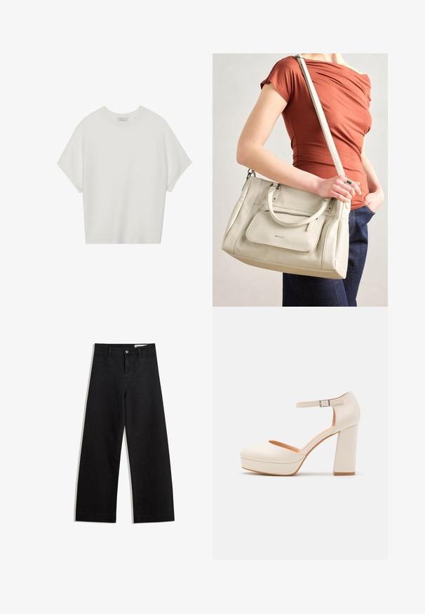 Witte T-shirt met korte mouwen, een brede ronde hals en een gestructureerd ribpatroon, gemaakt van zachte stof. Het shirt heeft een ontspannen pasvorm en een strakke uitstraling.; Zwarte denim broek met wijde pijpen en een hoge taille, voorzien van voor- en achterzakken, gestikte naden en een knoopsluiting. Gladde textuur.; Crème-kleurige platformhakken met een ronde neus en verstelbare enkelriem. Beschikt over een chunky blokhak met een lichte houten accenten.; Witte leren handtas met dubbele handgrepen en een afneembare schouderband, met een voorzak met rits en een gladde textuur. Draagend aan de arm van een persoon.