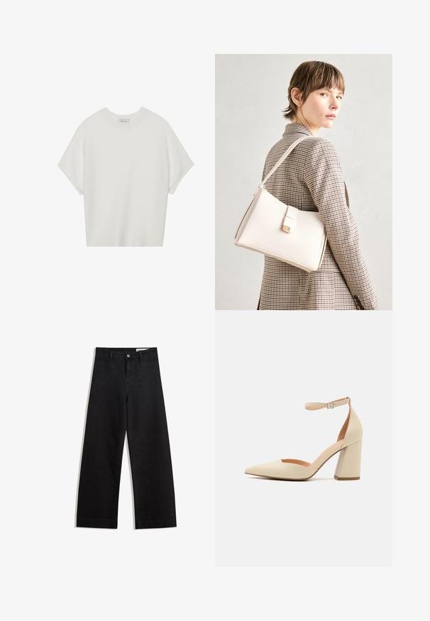 Tricou alb cu mânecă scurtă, cu guler larg și model texturat cu dungi, realizat dintr-un material moale, având o croială lejeră și un design curat.; Pantaloni din denim negri cu picioare largi, cu talie înaltă, având buzunare frontale și posterioare, cusături dublate și închidere cu nasture. Textură netedă.; Pantofii cu toc înalt din piele lăcuită bej, cu vârful ascuțit, curea de glezna și toc robust. Textură netedă cu detalii minime de cusătură.; Geantă de mână din piele albă cu un design structurat, având o închidere magnetică și un breteau, expusă pe un fundal neutru.