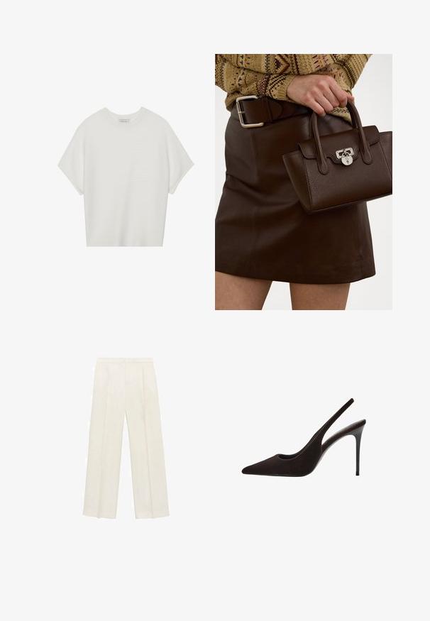 Bela majica s kratkimi rokavi in širokim ovratnikom ter teksturiranim rebrastim vzorcem, izdelana iz mehke tkanine, z udobnim krojem in čistim dizajnom.; Hlače širokih nogavic v svetli kremni barvi. Narejene iz gladkega materiala s plitkimi naborki spredaj in stranskimi žepi.; Rjavi semiš slingback visoke pete s špičastim nosom, elegantnim dizajnom, izrezanimi stranicami in tankim stiletto peto.; Brahno usnjeni torbici z teksturirano površino in srebrnim okovjem, ki jo drži roka ob rjavem usnjenem krilu in vzorčastem puloverju.