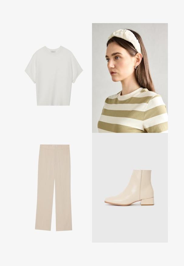 Bijela majica kratkih rukava s širokim okruglim izrezom i teksturiranim rebrastim uzorkom, izrađena od mekog materijala, s opuštenim krojem i čistim dizajnom.; Bež hlače širokih nogavica s glatkom teksturom, koje imaju prilagođeni kroj, dva prednja džepa i suptilne nabore duž nogavica.; Bež čizme do gležnja od glatke kože s šiljastim vrhom, kratkim okvirom i niskim kvadratnim potplatom. Minimalistički dizajn bez vidljivih ukrasa.; Kremasta podstavljena trakica za glavu s uvijenim dizajnom, uparen s bež i bijelom prugastom majicom s okruglim izrezom. Suptilni dodaci nakita.
