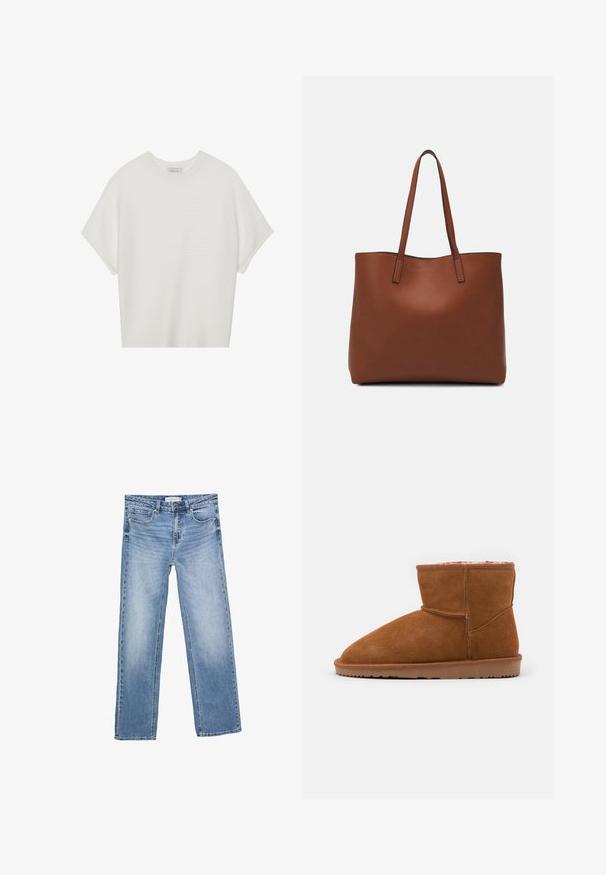 Hvid kortærmet t-shirt med en bred rund hals og struktureret ribbet mønster, lavet af blødt stof, med en afslappet pasform og et enkelt design.; Straight-leg blå denim jeans med en falmet vask, fem lommer og en klassisk knaplukning. Lavet af bomuldsstof med tydelig syning.; Brune ruskind ankelstøvle med en afrundet tå og blød foring, der har en flad gummisål og minimale syninger.; Brun læder tote taske med en glat overflade, åben topdesign og to skulderremme. Har minimal syning og ingen synlig hardware.