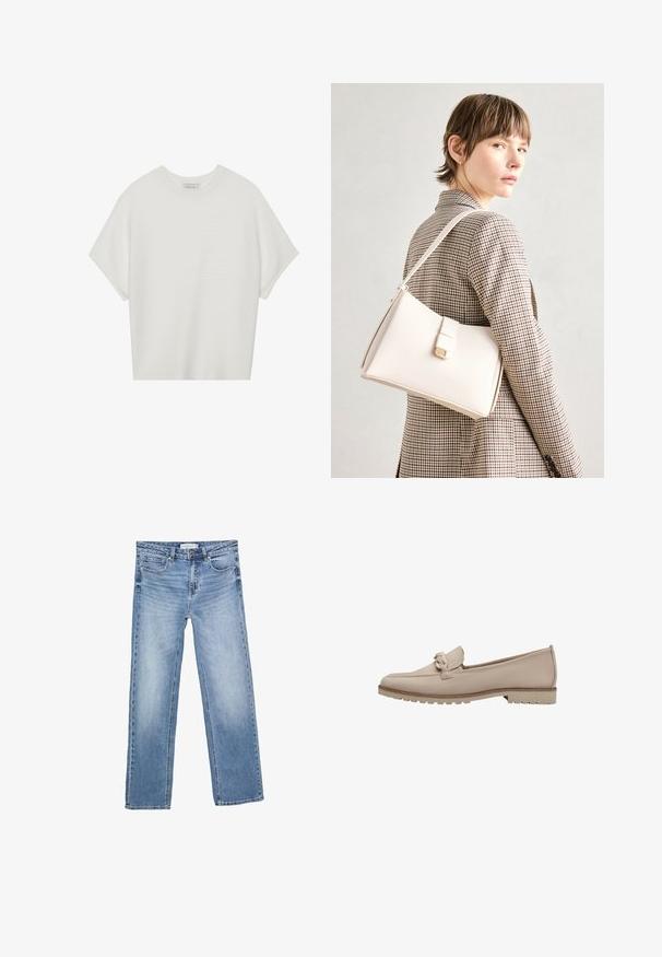 Biela tričko s krátkym rukávom a širokým okrúhlym výstrihom, s textúrovaným rebrovaným vzorom, vyrobené z mäkkej látky, s uvoľneným strihom a čistým dizajnom.; Rovné modré denimové džínsy s vyblednutým umývaním, piatimi vreckami a klasickým zapínaním na gombíky. Bavlnený materiál s viditeľným šitím.; Bežová kožená mokasína so šitým švom a dekoratívnym uzlom na priehlavku. Obsahuje textúrovanú gumovú podrážku pre lepšiu priľnavosť a ľahké polstrovanie.; Biely kožený kabelka so štruktúrovaným dizajnom, s magnetickým uzáverom a ramenným popruhom, vystavená na neutrálnom pozadí.