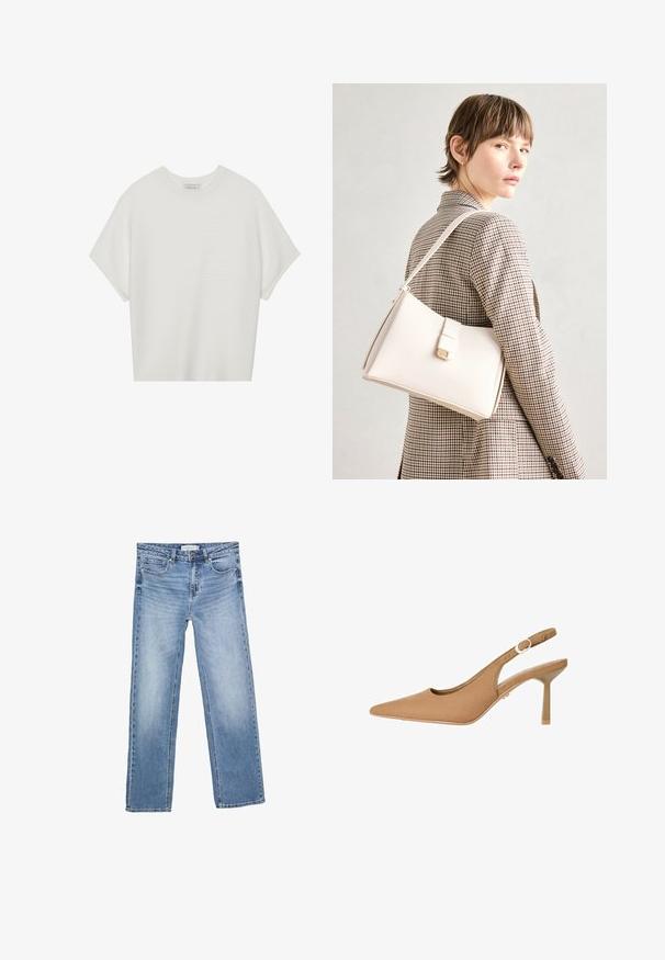 Weißes T-Shirt mit kurzen Ärmeln, weitem Rundhalsausschnitt und strukturiertem Rippenmuster, aus weichem Stoff, mit legerer Passform und einem klaren Design.; Gerade geschnittene blaue Denim-Jeans mit einer verblassten Waschung, fünf Taschen und einer klassischen Knopfleiste. Aus Baumwollmaterial mit auffälligen Nähten.; Braune Slingback-Pumps mit spitzem Zehenbereich, glatter Textur, verstellbarem Riemen und schlankem Absatz. Minimalistisches Design mit dezenten glänzenden goldenen Akzenten.; Weiße Lederhandtasche mit strukturiertem Design, ausgestattet mit einem Magnetverschluss und einem Schulterriemen, präsentiert vor einem neutralen Hintergrund.