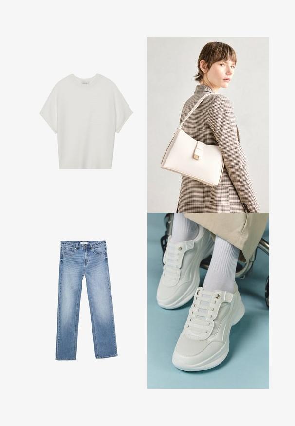 Biela tričko s krátkym rukávom a širokým okrúhlym výstrihom, s textúrovaným rebrovaným vzorom, vyrobené z mäkkej látky, s uvoľneným strihom a čistým dizajnom.; Rovné modré denimové džínsy s vyblednutým umývaním, piatimi vreckami a klasickým zapínaním na gombíky. Bavlnený materiál s viditeľným šitím.; Biele tenisky s materiálom z mlátenice, gumovou podrážkou, bezšnúrovým dizajnom s elastickými pásikmi a pozlátenými akcentmi.; Biely kožený kabelka so štruktúrovaným dizajnom, s magnetickým uzáverom a ramenným popruhom, vystavená na neutrálnom pozadí.