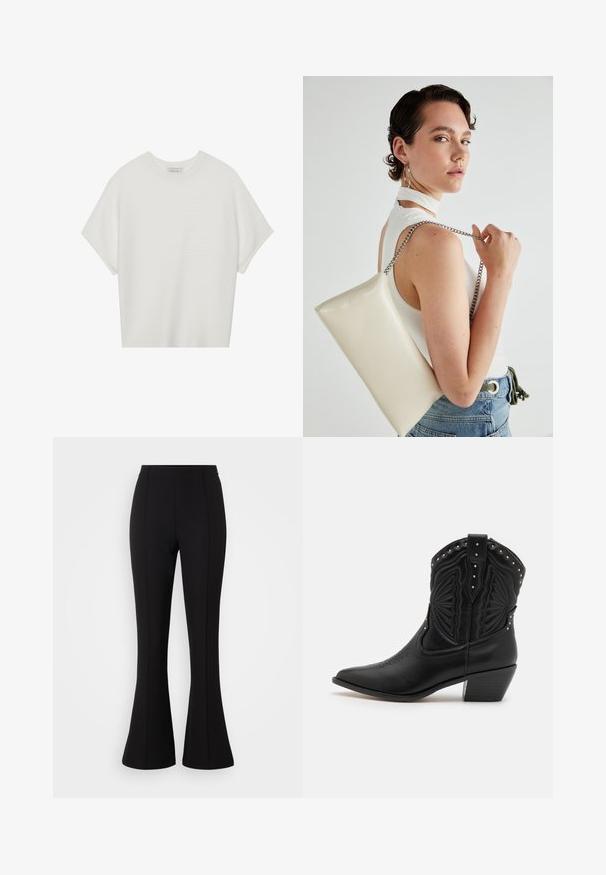 Bela majica s kratkimi rokavi in širokim ovratnikom ter teksturiranim rebrastim vzorcem, izdelana iz mehke tkanine, z udobnim krojem in čistim dizajnom.; Črne razširjene hlače iz raztegljive tkanine, ki imajo gladko teksturo, visok pas in šive vzdolž sprednje strani.; Črne usnjene kavbojske škornje s koničastimi prsti, okrasnim šivom in kovinskimi žebljički po vrhu. Zložena peta in strukturirana površina.; Bela pravokotna torbica za ključe iz sijajnega materiala, opremljena s srebrno verižico. Model pozira in prikazuje torbico na enobarvni podlagi.
