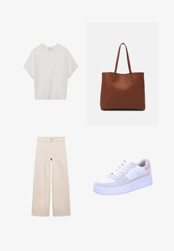 Hvid kortærmet t-shirt med en bred rund hals og struktureret ribbet mønster, lavet af blødt stof, med en afslappet pasform og et enkelt design.; Beige brede bukser med høj talje, der har knaplukning, forlommer og flosset kant. Lavet af denim stof.; Hvide sneakers med grå ruskindshighlights, tekstureret sål, perforeret tåboks og hvide snørebånd. Har en diskret pastel-rosa hælflap.; Brun læder tote taske med en glat overflade, åben topdesign og to skulderremme. Har minimal syning og ingen synlig hardware.
