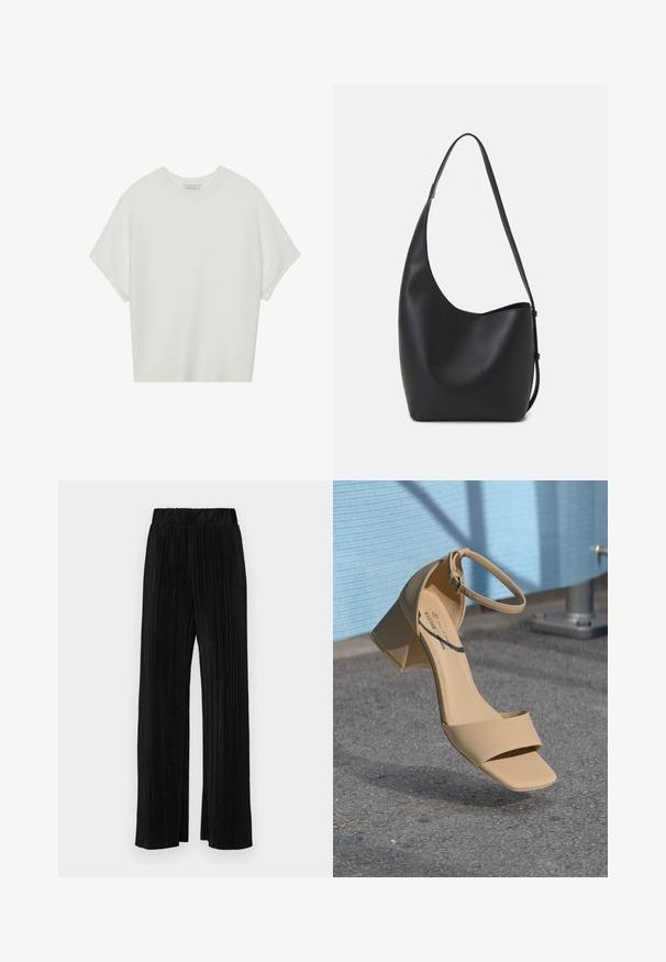 T-shirt bianca a maniche corte con scollo rotondo ampio e texture a coste, realizzata in tessuto morbido, caratterizzata da una vestibilità rilassata e un design pulito.; Pantaloni neri a plissé con vita elasticizzata. Presentano gamba ampia e un tessuto liscio e texture con strisce verticali.; Sandalo beige con tacco blocco e punta quadrata, con cinghie minime e fibbia alla caviglia. Materiale liscio e opaco su una superficie grigia.; Borsa hobo nera in pelle con una superficie liscia, forma curvata e una singola tracolla regolabile; presenta un'ampia apertura nella parte superiore.