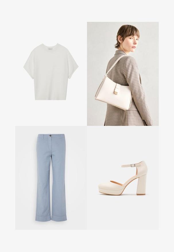 Camiseta blanca de manga corta con cuello redondo amplio y patrón acanalado texturizado, hecha de una tela suave, con un corte relajado y un diseño limpio.; Pantalones de lino azul claro con pierna recta, cierre de botón y dobladillo vuelto. Textura suave, diseñados para uso casual.; Tacones de plataforma color crema con punta redondeada y correa ajustable en el tobillo. Presentan un tacón de bloque robusto con un ligero acento de madera.; Bolso de mano de cuero blanco con un diseño estructurado, que presenta un cierre magnético y una correa para el hombro, exhibido sobre un fondo neutro.