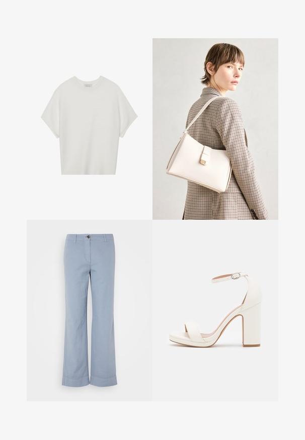 Bílý krátký rukáv tričko s širokým kulatým výstřihem a texturovaným žebrovaným vzorem, vyrobené z měkké látky, s uvolněným střihem a čistým designem.; Světle modré lněné kalhoty s rovnými nohavicemi, zapínáním na knoflík a ohrnutým lemem. Hladká textura, navrženo pro volnočasové nošení.; Bílé společenské sandály na vysokém podpatku s páskem na kotníku, minimalistický design, otevřená špička, blokový podpatek a hladká kožená textura.; Bílá kožená kabelka se strukturálním designem, s magnetickým uzávěrem a ramenním popruhem, prezentovaná na neutrálním pozadí.; Krémová polstrovaná čelenka s twist designem, doplněná béžovým a bílým pruhovaným tričkem s kulatým výstřihem. Jemné šperky.