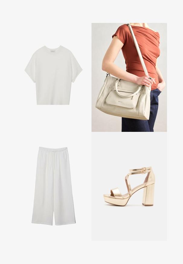 Valkoinen lyhythihainen t-paita, jossa on leveä pyöreä kaula-aukko ja teksturoitu ribbikuvio, valmistettu pehmeästä kankaasta, rento malli ja siisti muotoilu.; Valkoiset leveälahkeiset housut, jotka on valmistettu kevyestä kankaasta. Niissä on joustava vyötärö ja nauha säädettävää istuvuutta varten. Sileä pinta.; Kultaiset metalliset platform-sandaalit paksulla lohkareen korolla, avonaisella varpaalla ja ristiin menevillä nilkkahihnoilla, joissa on solkikoristeet. Silkkinen pinta.; Valkoinen nahkainen käsilaukku, jossa on kaksinkertaiset kahvat ja irrotettava hihna. Edessä on vetoketjullinen tasku ja pinta on sileä. Laukkua kantaa henkilö kyynärvarressaan.