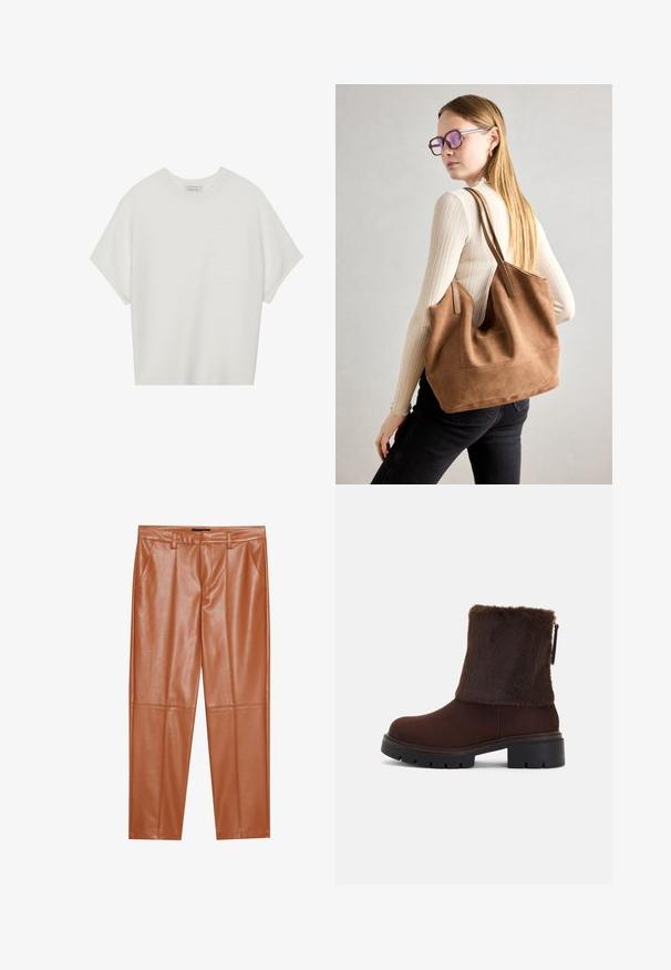 Hvid kortærmet t-shirt med en bred rund hals og struktureret ribbet mønster, lavet af blødt stof, med en afslappet pasform og et enkelt design.; Brune faux læderbukser med en skræddersyet pasform, der har frontfolder og lige ben. Glat tekstur uden synligt hardware eller detaljer.; Brune ankelstøvle med en blød kunstlæder skaft, blokhæl og tekstureret gummisål. Lynlåslukning på siden og syet detalje rundt om bunden.; Brun ruskind tote taske med blød tekstur, stor åbning og lange stropper. Har et enkelt design med synlige syninger og ingen hardware.
