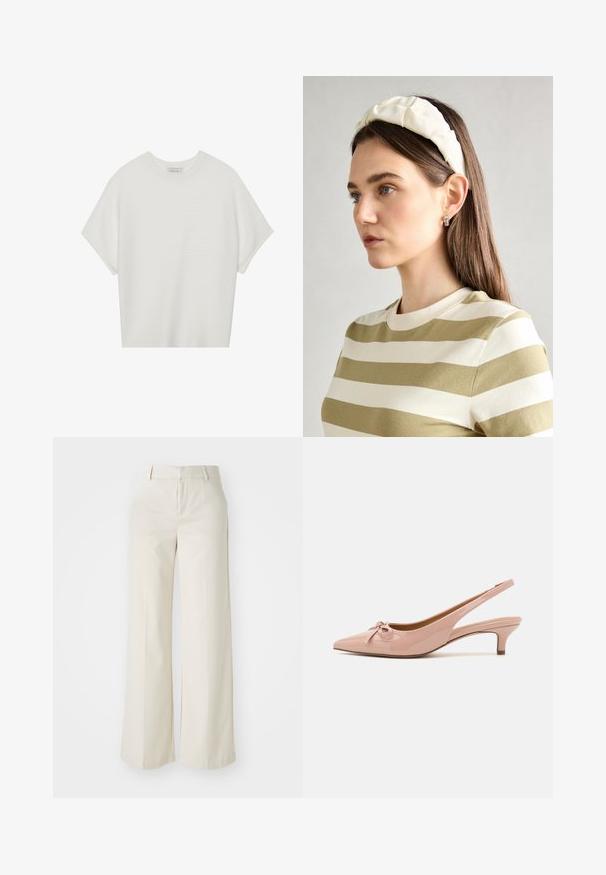 Balta īsā piedurknē T-krekls ar plašu apļa kaklu un teksturētu ribu rakstu, izgatavots no mīksta auduma, ar brīvu piegriezumu un tīru dizainu.; Platas kājās bikses gaisā bežā krāsā, izgatavotas no gludas auduma. Iezīmē klasisku jostasvietu un plakanu priekšpusi ar tīrām līnijām.; Patenti rozā sānsoļu kurpes ar smailu purngalu, ar loku detaļu priekšā un zemu kaķēna papēdi. Gluda tekstūra ar spīdīgu apdari.; Krēma krāsas pildīta galvassega ar uztinuma dizainu, apvienota ar bēša un baltā svītrainā krekla ar apaļu izgriezumu. Smalkas rotaslietas akcenti.