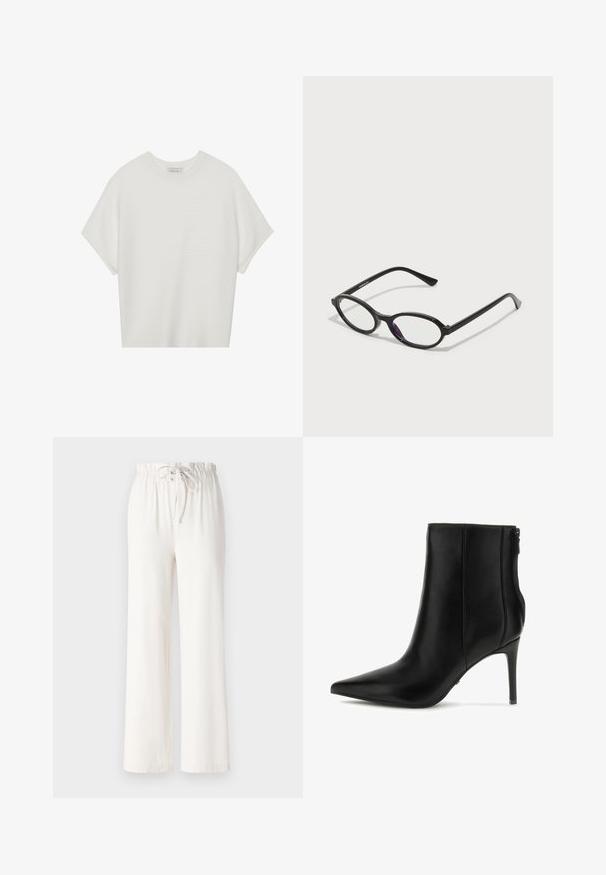 Witte T-shirt met korte mouwen, een brede ronde hals en een gestructureerd ribpatroon, gemaakt van zachte stof. Het shirt heeft een ontspannen pasvorm en een strakke uitstraling.; Witte wijde broek van zacht materiaal, met een tailleband met trekkoord en een gladde textuur. Geen patronen of versieringen zichtbaar.; Zwarte leren enkelboot met een spitse neus, slanke hoge hak en een zijrits. Glad oppervlak met minimale stikseldetails.; Zwarte ovale brillen met doorschijnende paarse accenten op de lenzen. De monturen hebben een matte afwerking en slanke, rechte veren.; Zwarte pailletten mini handtas met een geknoopte textuurriem en zilveren ketting. Rondvormig met een geplooide bovenkant en reflecterende details.