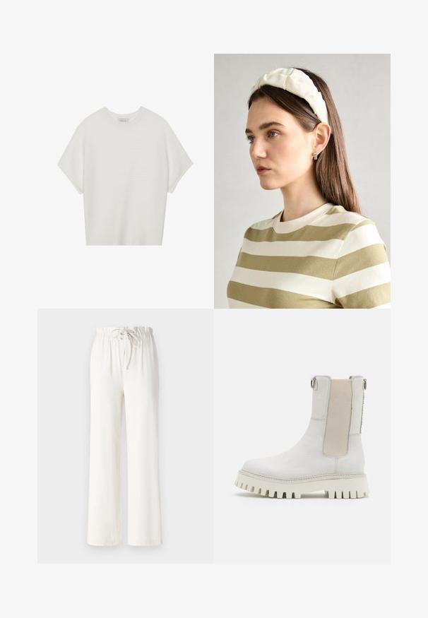 Camiseta branca de mangas curtas com um decote careca largo e um padrão texturizado canelado, feita de tecido suave, com um corte relaxado e um design limpo.; Calças largas brancas feitas de tecido macio, com uma cintura elástica e textura suave. Sem padrões ou adornos visíveis.; Bronx GROOV-Y - Botas de tornozelo com plataforma - winter white; Fita de cabelo almofadada em creme com design torcido, acompanhada de uma camisa às riscas bege e branca com escote redondo. Acentos discretos em joias.