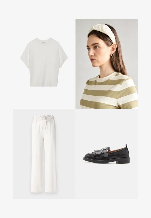 Valge lühikeste varrukatega T-särk laia ümaraha kaelusega ja tekstureeritud ribapatterniga, pehmest kangast, lõdva istuvuse ja puhta disainiga.; Valged laiad püksid, mis on valmistatud pehmest kangast, nööriga vöökohaga ja siledast tekstuurist. Muster ega kaunistused pole nähtavad.; Pavement MATILDA - Jalga libistatavad jalanõud - black; Kreemjas pehmendusega peapael, millel on keerutatud disain, koos beeži ja valge triibulise särgiga, millel on ümar kaelus. Diskreetne ehtedisain.