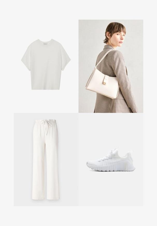 Witte T-shirt met korte mouwen, een brede ronde hals en een gestructureerd ribpatroon, gemaakt van zachte stof. Het shirt heeft een ontspannen pasvorm en een strakke uitstraling.; Witte wijde broek van zacht materiaal, met een tailleband met trekkoord en een gladde textuur. Geen patronen of versieringen zichtbaar.; Witte sportschoen met een gestructureerde bovenkant, platte vetersluiting en een opvallende rubberen zool met verticale groeven. Bevat een logo aan de zijkant.; Witte leren handtas met een gestructureerd ontwerp, voorzien van een magneetsluiting en een schouderriem, tentoongesteld tegen een neutrale achtergrond.